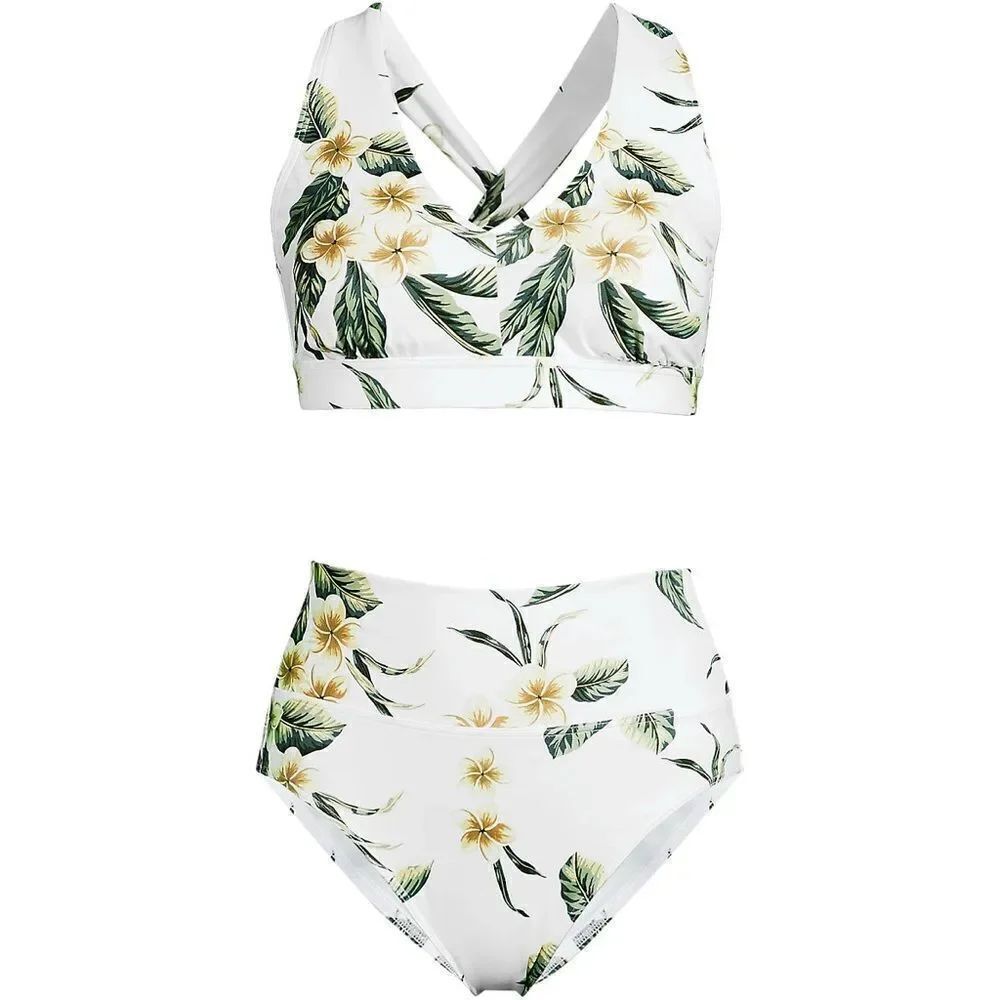 Land's End Tugless Midkini high leg high waist 2 piece white plumeria floral XS